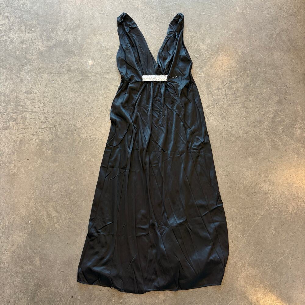 Vintage Y2k Black Silver Sheer Deep V Flowy Lingerie Night Gown Dress Medium